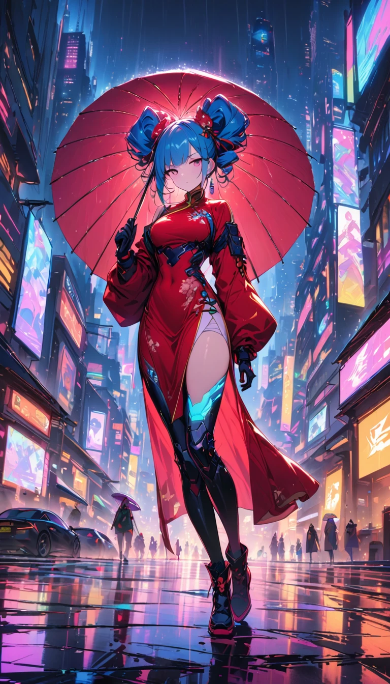 (best quality), (very good), (masterpiece), illustration, A girl,, (Holding an umbrella),(Cyberpunk,Cheongsam, a traditional Chinese costume,Cybernetic implants),Hair accessories, Vibrant colors,Dynamic Lighting,Neon,Glowing city skyline,Holographic projection,Fashionable clothes and shoes of the future,Combination of traditional and modern elements,Avant-garde makeup,twin drills,Confidence and determination,city environment,Heavy rain,Metallic,Mechanical Armor, Gorgeous accessories,high-tech products,Impressive cybernetic enhancements,Be focused,detail, Overclocking, Rim Light, Fine light, masterpiece, 超级detail, Epic Works, Ultra HD, high quality, 32k