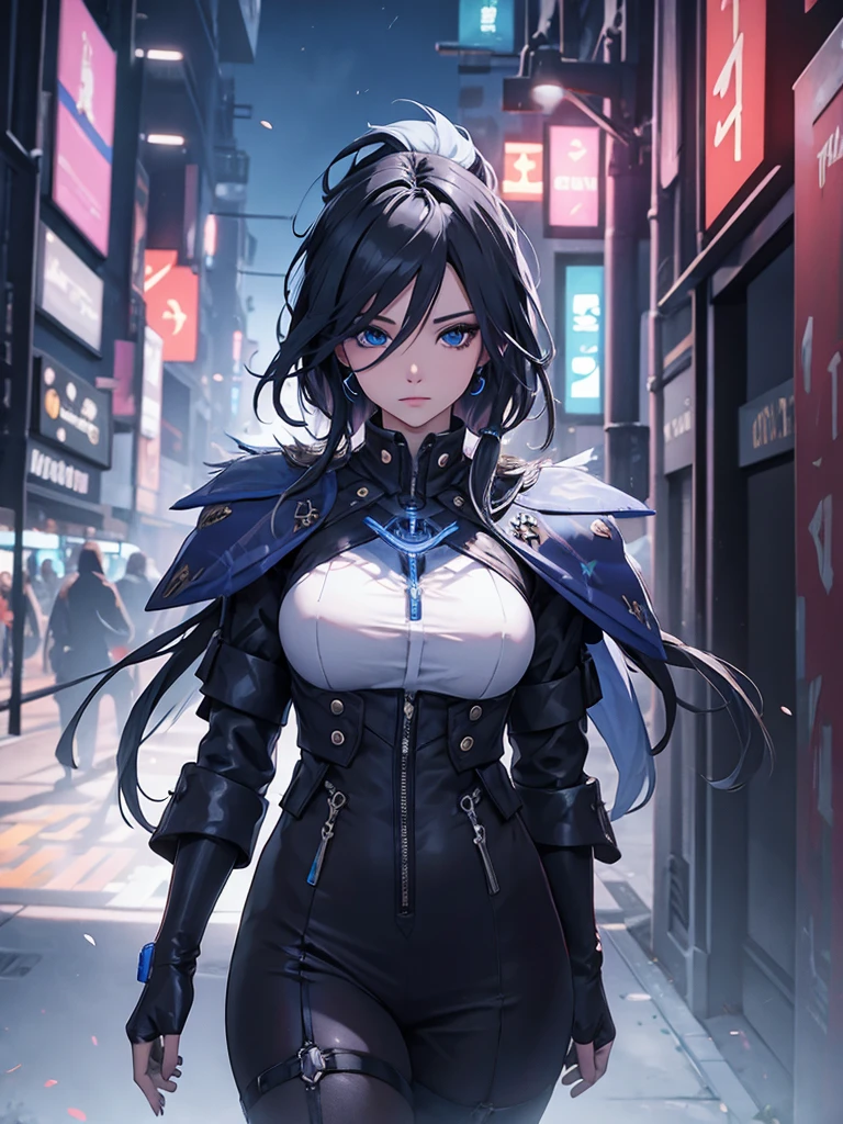 Clorinde, 1women, wearing a futuristic outfit, cyberpunk outfit, at a future city, cyberpunk look, black colour hair, 8k, high detailed, high quality
