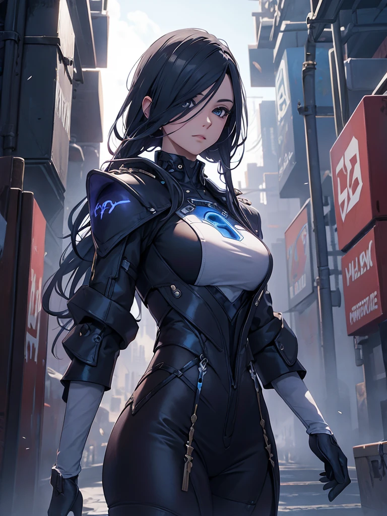 Clorinde, 1women, wearing a futuristic outfit, cyberpunk outfit, at a future city, cyberpunk look, black colour hair, 8k, high detailed, high quality
