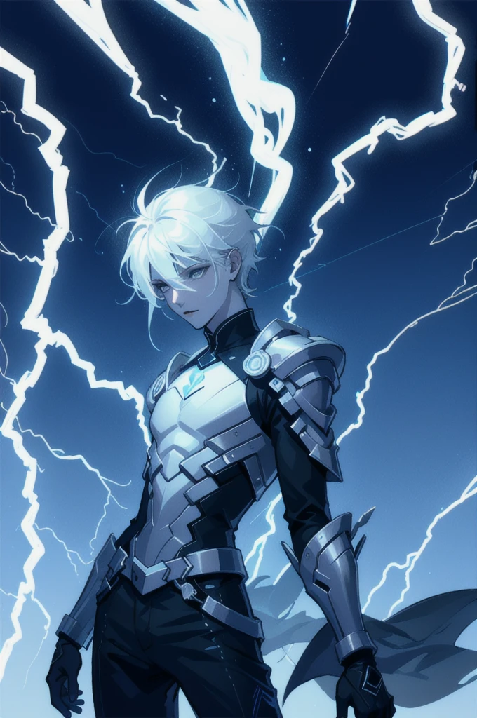 A 15-year-old teenage boy with an albino skin tone. He is an engineer and artificer, without facial or body hair. His hair is short and straight, colored white. The boy is wearing a futuristic cyberpunk in black and blue, futuristic style clothes, adorned with white lightning patterns. He is surrounded by an aura of white lightning, with a background featuring a scenery of rapid lightning and thunder. Thunder powers.