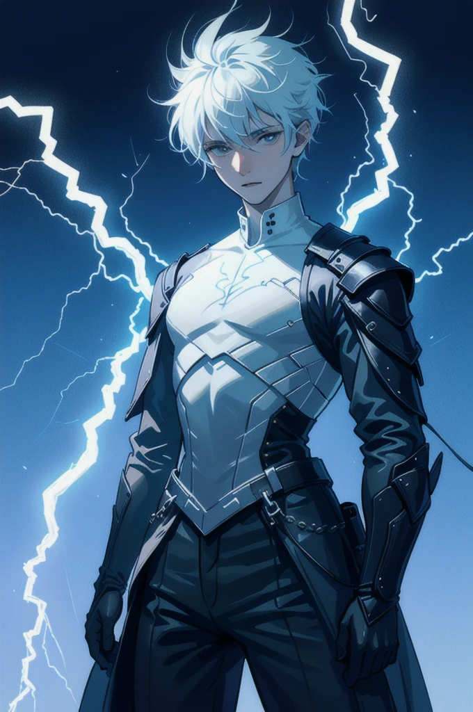 A 15-year-old teenage boy with an albino skin tone. He is an engineer and artificer, without facial or body hair. His hair is short and straight, colored white. The boy is wearing a futuristic cyberpunk in black and blue, futuristic style clothes, adorned with white lightning patterns. He is surrounded by an aura of white lightning, with a background featuring a scenery of rapid lightning and thunder. Thunder powers.