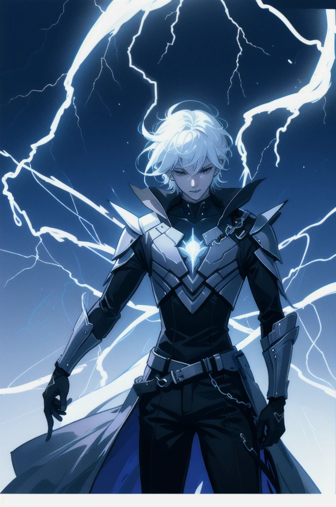 A 15-year-old teenage boy with an albino skin tone. He is an engineer and artificer, without facial or body hair. His hair is short and straight, colored white. The boy is wearing a futuristic cyberpunk in black and blue, futuristic style clothes, adorned with white lightning patterns. He is surrounded by an aura of white lightning, with a background featuring a scenery of rapid lightning and thunder. Thunder powers.