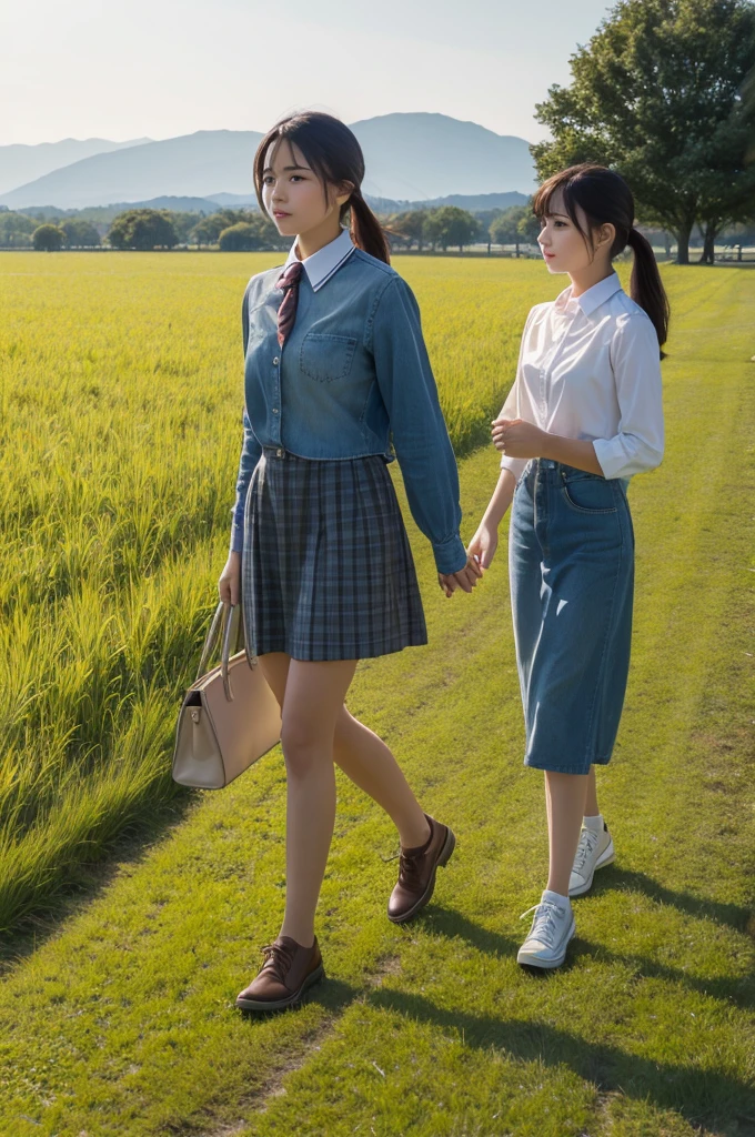 Collared　multiple　woman　stroll　field