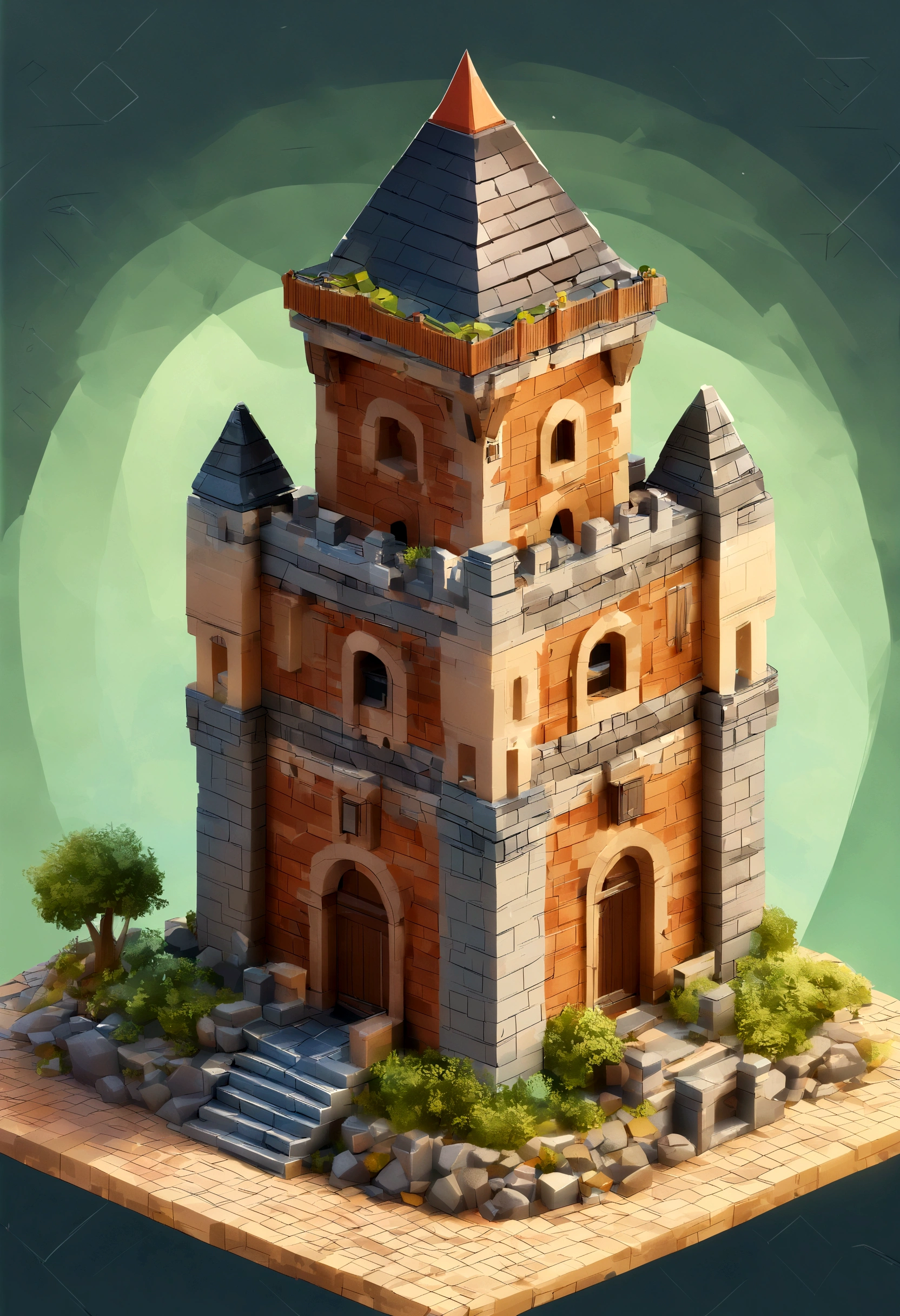 absurdres, best quality, fantasy, isometric, knolling style of (miniature brick castle/town, with stables and church), tree, stone wall, (simple background:1.2)