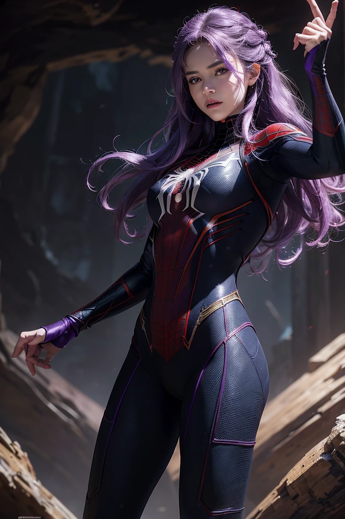 (Extreme Detail CG Unity 8K wallpaper, masterpiece, highest quality), (Exquisite lighting and shadow, highly dramatic picture, Cinematic lens effect), a beautiful girl in a white
Widowostume, purple curly hair color, long hair, braiding hair, beautiful purple eye, evil face, pursed lips, (blue flame one's finger at oneself), from the Spider-Man parallel universe, Wenger, Marvel, Spider-Man, on the cave, very beautiful face, dynamic pose), (excellent detail, excellent lighting, wide angle), (excellent rendego on cave, enough to stand out in cave, clasocus on purple Spider-Man costumes, complex spider textures