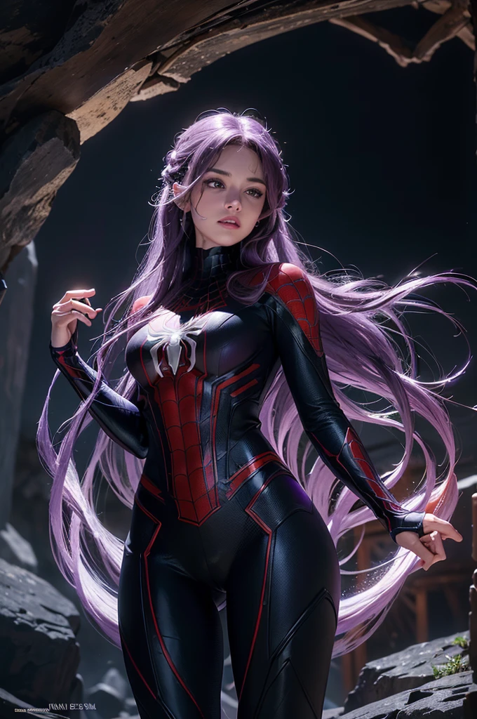 (Extreme Detail CG Unity 8K wallpaper, masterpiece, highest quality), (Exquisite lighting and shadow, highly dramatic picture, Cinematic lens effect), a beautiful girl in a white 
Widowostume, purple curly hair color, long hair, braiding hair, beautiful purple eye, evil face, pursed lips, (blue flame one's finger at oneself), from the Spider-Man parallel universe, Wenger, Marvel, Spider-Man, on the cave, very beautiful face, dynamic pose), (excellent detail, excellent lighting, wide angle), (excellent rendego on cave, enough to stand out in cave, clasocus on purple Spider-Man costumes, complex spider textures
