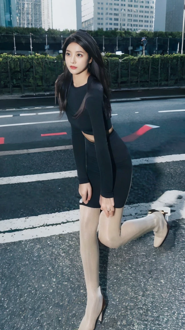 (Hasselblad:1.2),1girl,solo,black eyes,black hair,long hair,White shirt,outdoors,full body,BLACK Pantyhose,BLACK heels,park,