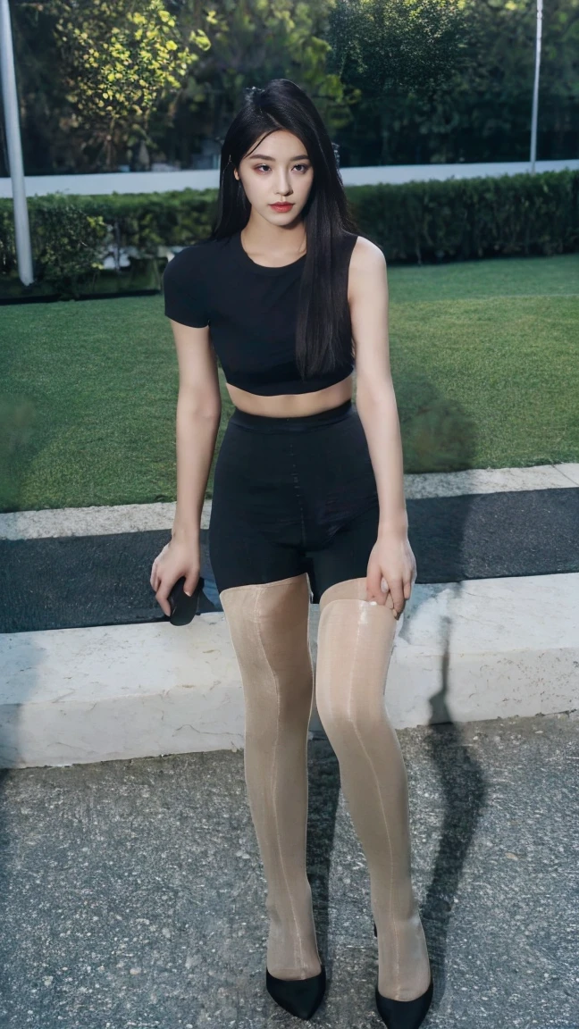 (Hasselblad:1.2),1girl,solo,black eyes,black hair,long hair,White shirt,outdoors,full body,BLACK Pantyhose,BLACK heels,park,