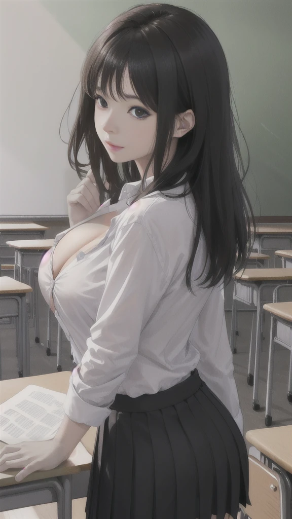 (Highly detailed CG Unity 8k wallpaper)、(masterpiece)、(Highest quality)、(Super detailed)、(Best illustrations)、(Best Shadow)、Ultra-high resolution、(Real、Photorealistic:1.2)、(student teacher:1.4)、Messy medium length hair、(Large Breasts:1.2)、(Cleavage:1.2)、(School classroom:1.4)、(Neat shirt and skirt:1.2)、(Open the third button of your shirt:1.2)、Puffy eyes、(look back:1.2)、Looking at the audience、Close-up、Cloudy soft light、Hold a black attendance record