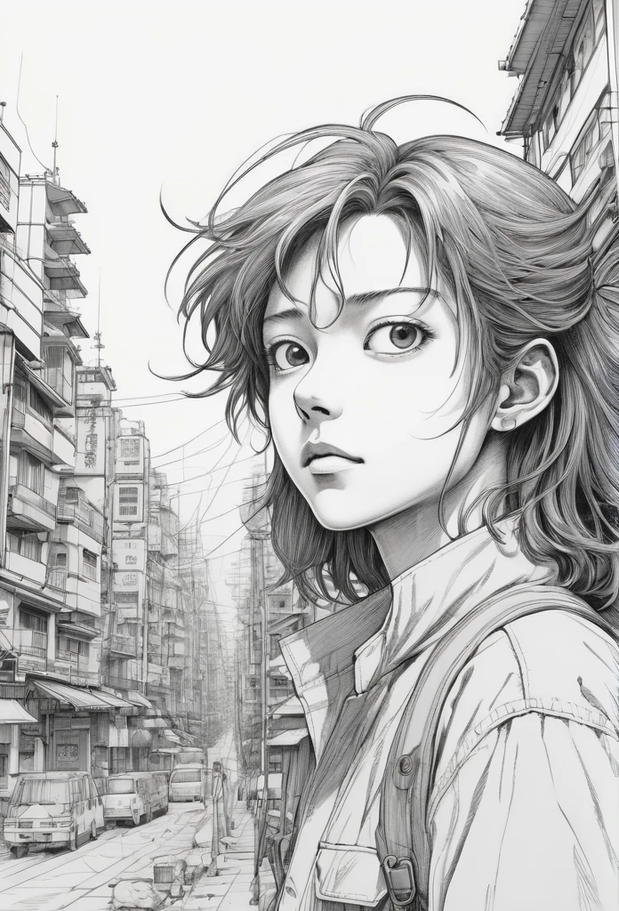 Anime line art, by Naoki Urasawa, sketch, best quality, masterpiece, very aesthetic, perfect composition, intricate details, ultra-detailed, B&W