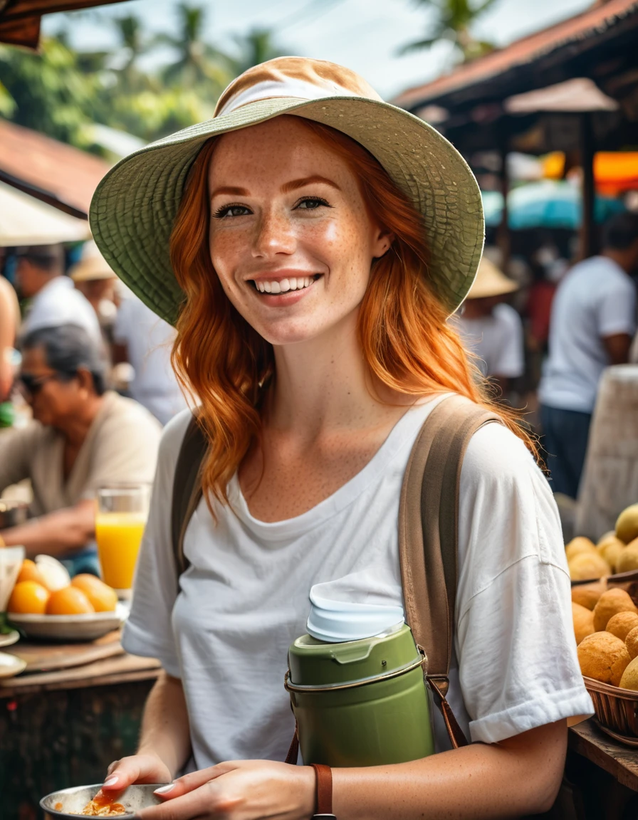 A beautiful typical freckles European Ginger Haired Backpacker Woman, wears bucket hat, unbuttoned pastel flannel with white t-shirts,, feels relaxed and unwind having a charming breakfast at traditional Balinese street food stall, everyday is Sunday in Bali, cinematic, vibrant bustling Balinese traditional market vibes in the morning, insanely intricate details, hyperrealistic oil on canvas painting,  highly influenced by Don Lawrence style, realistic style, morning lighting, cheerful, warm sunny weather, bokeh