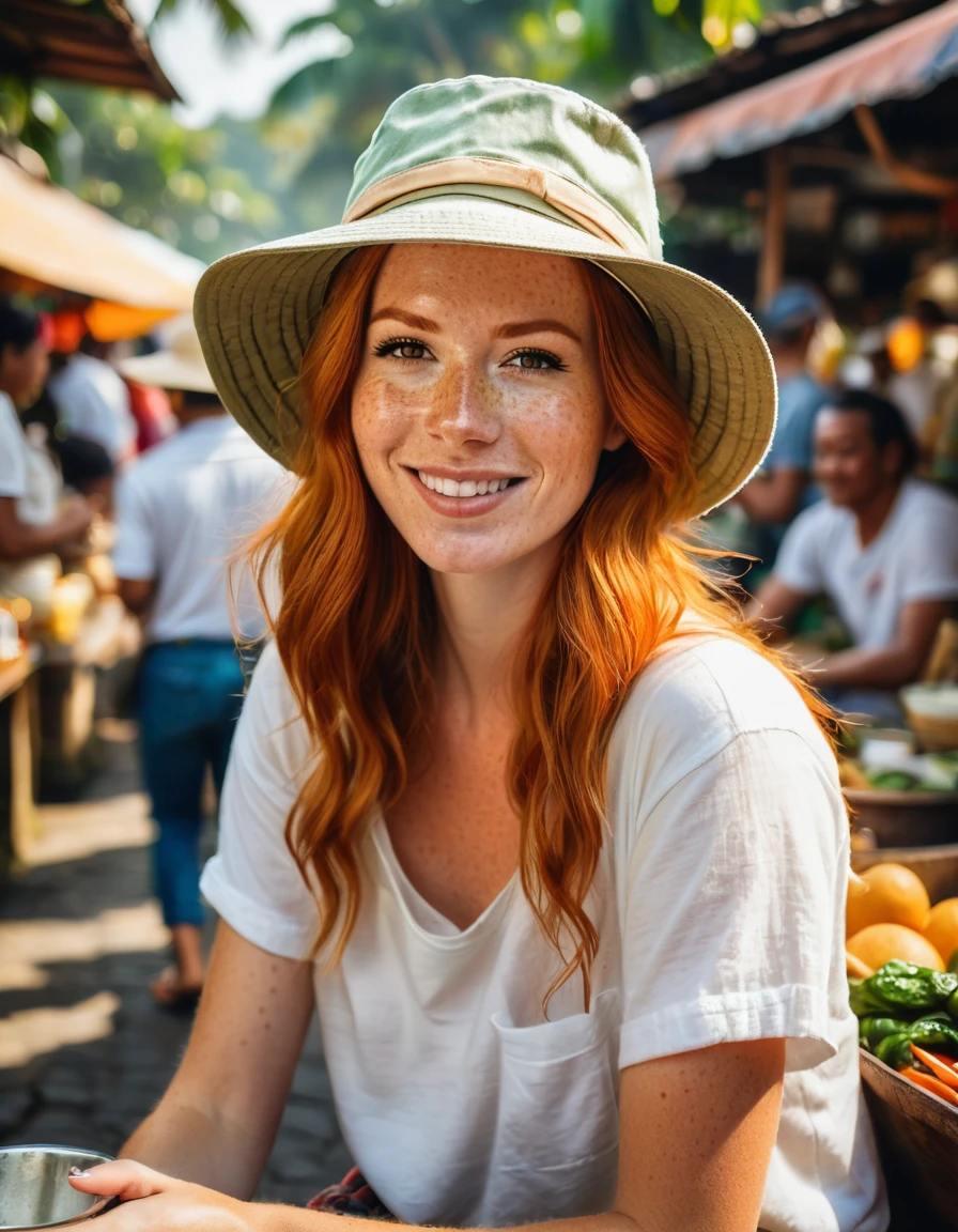 A beautiful typical freckles European Ginger Haired Backpacker Woman, wears bucket hat, unbuttoned pastel flannel with white t-shirts,, feels relaxed and unwind having a charming breakfast at traditional Balinese street food stall, everyday is Sunday in Bali, cinematic, vibrant bustling Balinese traditional market vibes in the morning, insanely intricate details, hyperrealistic oil on canvas painting, highly influenced by Don Lawrence style, realistic style, morning lighting, cheerful, warm sunny weather, bokeh