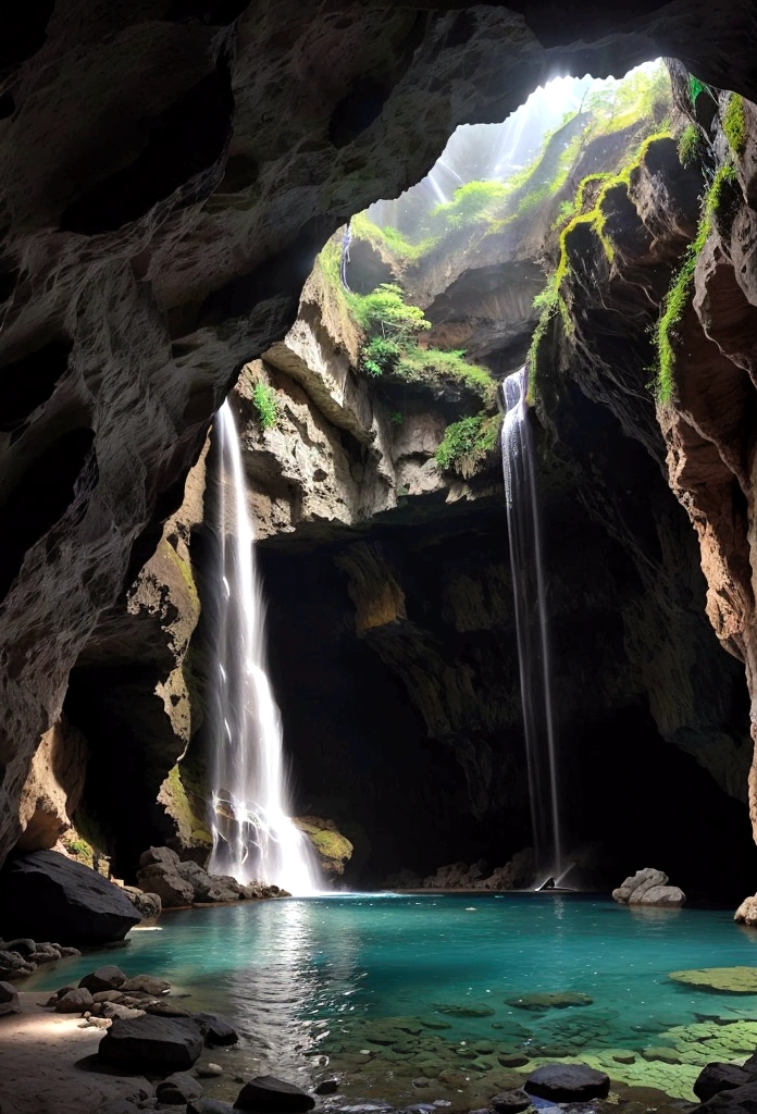 Inside the cave、Real、water、waterfall、lake、Ocean、Fantastic、Mysterious