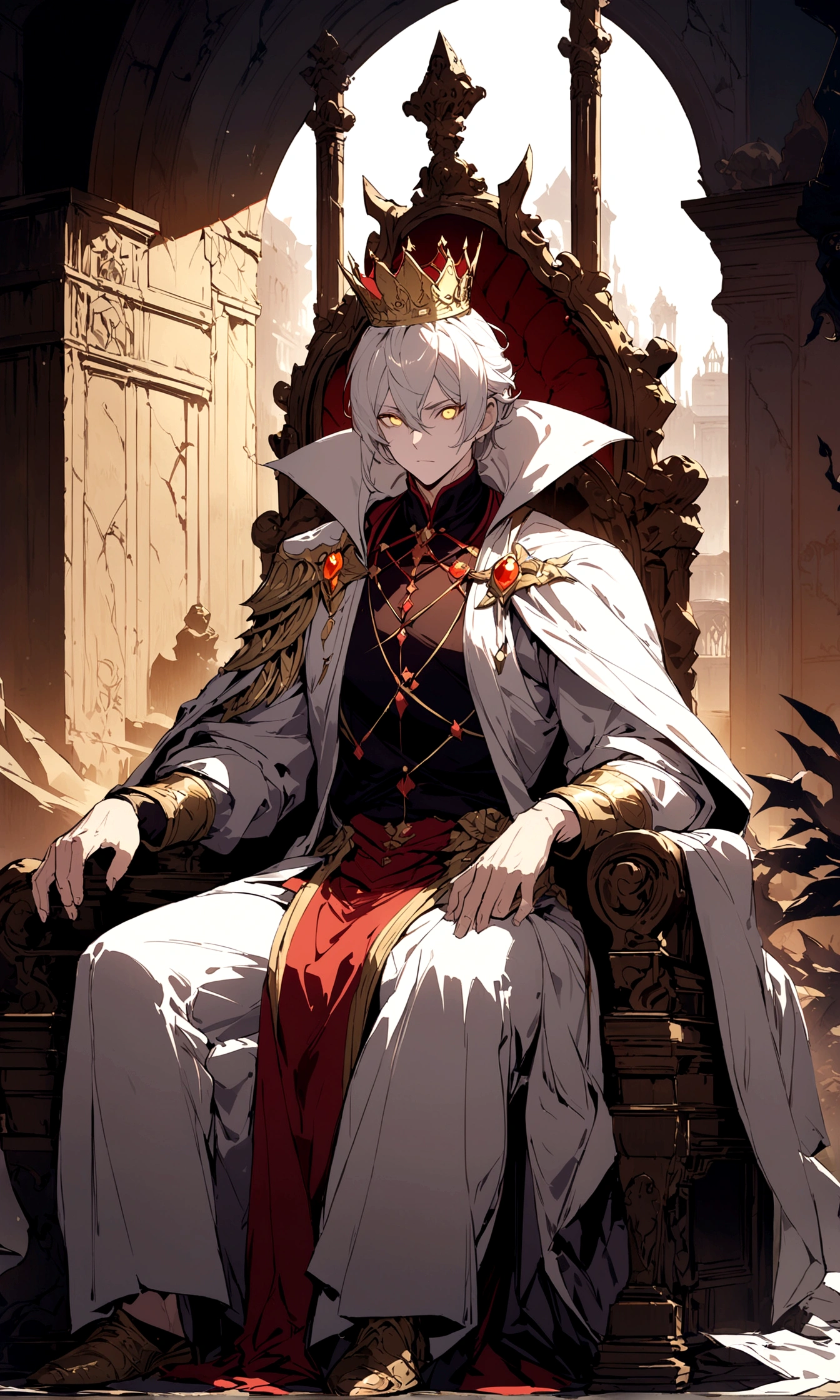 A white-haired, golden-eyed prince sits on a majestic throne inside an abandoned palace with crown. The environment around him is dark and gloomy, with cracks in the walls and cobwebs hanging there. The throne is ornate, with details in gold and precious stones, and is covered by a dusty cloth. The protagonist is wearing royal clothing, with a determined expression on his face, as he stares at the horizon with glowing golden eyes, masterpiece, best quality, ultra-detailed, illustration, 8k resolution concept art, fantasy art, epic art, concept art wallpaper 4k, deep color, natural lighting. adult, handsome, tall muscular guy, broad shoulders.
