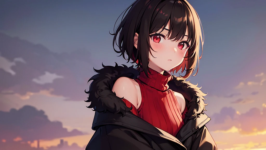 (masterpiece, best quality), charaSF, 1girl, solo, short hair, brown hair, red eyes, collar, black jacket, off shoulder, fur trim, red sweater, ribbed sweater, turtleneck, shoulder cutout, long sleeves, black shorts, blush, portrait