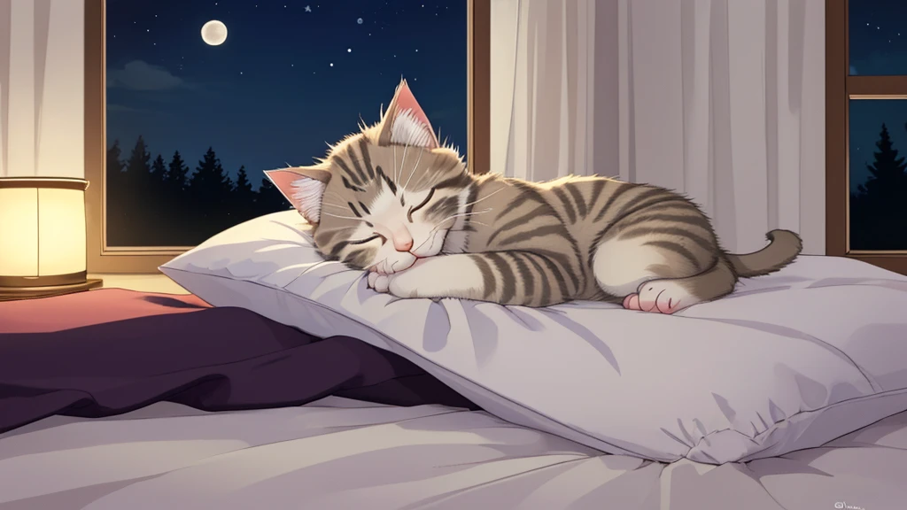 High quality, high resolution illustration of a single kitten sleeping on a bed at midnight. The kitten looks peaceful and content, with soft fur and a cozy atmosphere. The room is dimly lit, with a hint of moonlight filtering through the window, casting a gentle glow on the bed. The bed has comfortable, fluffy pillows and a warm blanket. No humans.

