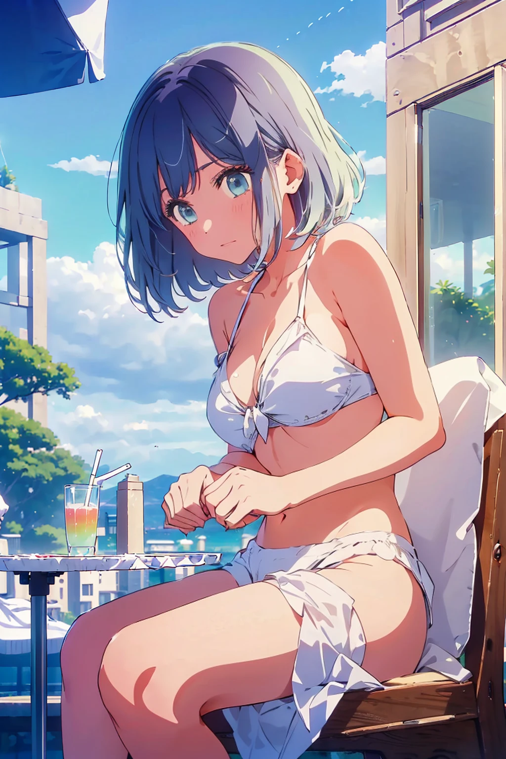 (Highest quality:1.4、8K:1.4、detailed)、F cup bust、Big Breasts、Slim body、Very white beautiful skin、((((1 person、Surprised expression、sit、Chair、In the background are the urban buildings of Tokyo、looking at the camera、Outdoor café terrace、coastal、Navy hair color、juice、Shooting up close、table、Very cute face))))、(Holding the white bikini fabric with both hands:1.6)、Very blue sky、A completely cloudless sky