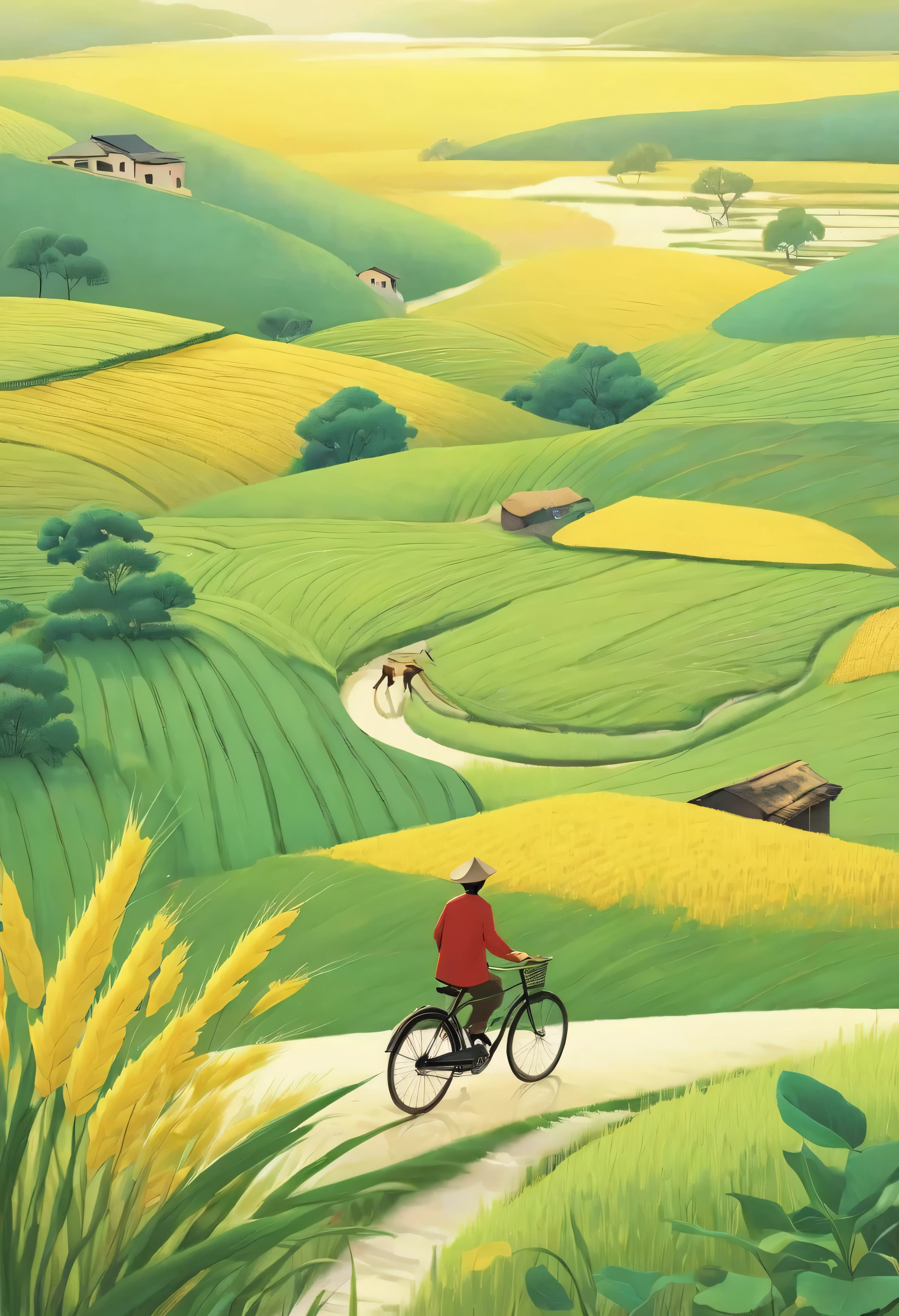 A beautiful illustration, Endless rice fields, half yellow half green, a boy riding a bicycle, Will Barnett (Will Barnet) modeling, Attached are 50D movie stills, Idyllic, Rural, panoramic,