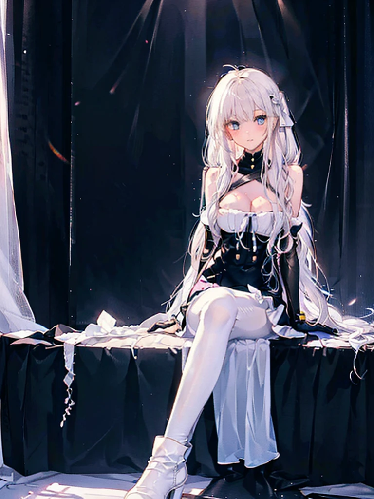 ,long hair,straight_hair,bright_pupils,cleavage,slender_waist,ankle_boots,elbow_gloves,1girl,white_pantyhose,lace,