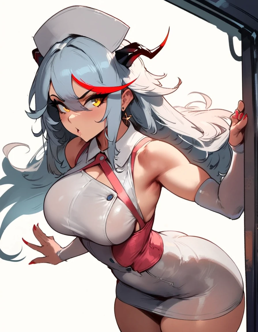 1girl, aegir \(azur lane\), azur lane \\\\\ masterpiece, best quality, very aesthetic, absurdres, newest \\\\\\ sportive body, perfect \\\\\\ by nyantcha,,by cutesexyrobutts,by khyle ///// silvery white hair with a single prominent red streak, black horns, yellow eyes, , white background, nurse outfit, skirt, standing, pencil skirt, nurse cap