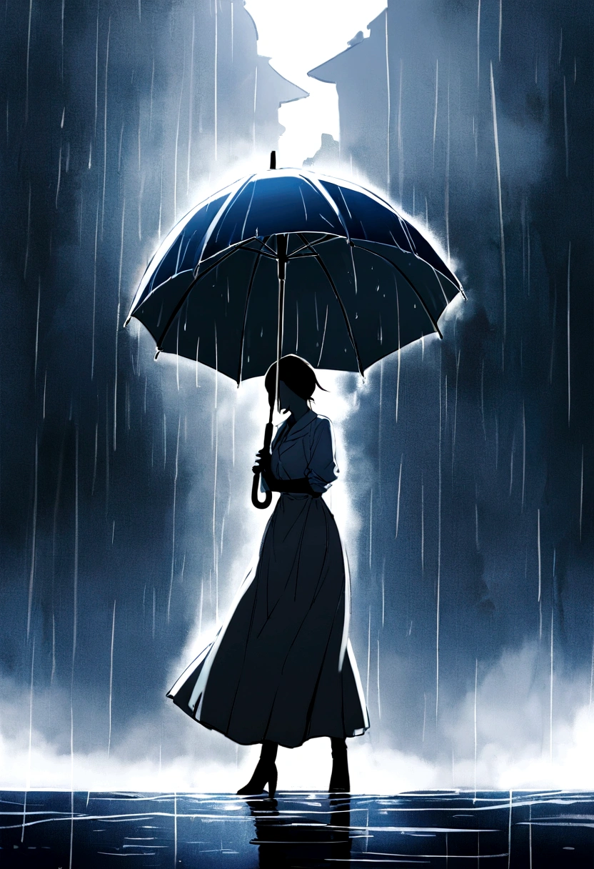 傘を手にした黒いレインコートを着た若くてきれいなwoman, n einer It was foggyen Stadt, A built from Kno Wieber, Pixabay contest winners, Concept Art, Standing in the rain, Black silhouette, 謎のwoman, pretty girl, Standing in the rainいるのは, Person with umbrella, woman ((Backlight from the fog)), ((It was foggy)) And the rain, 影の中のwoman像, In a rainy environment, rain, A rainy road in the background , ((Glittering Mist)) ((Rear view)), Light from the front, ((High Key))