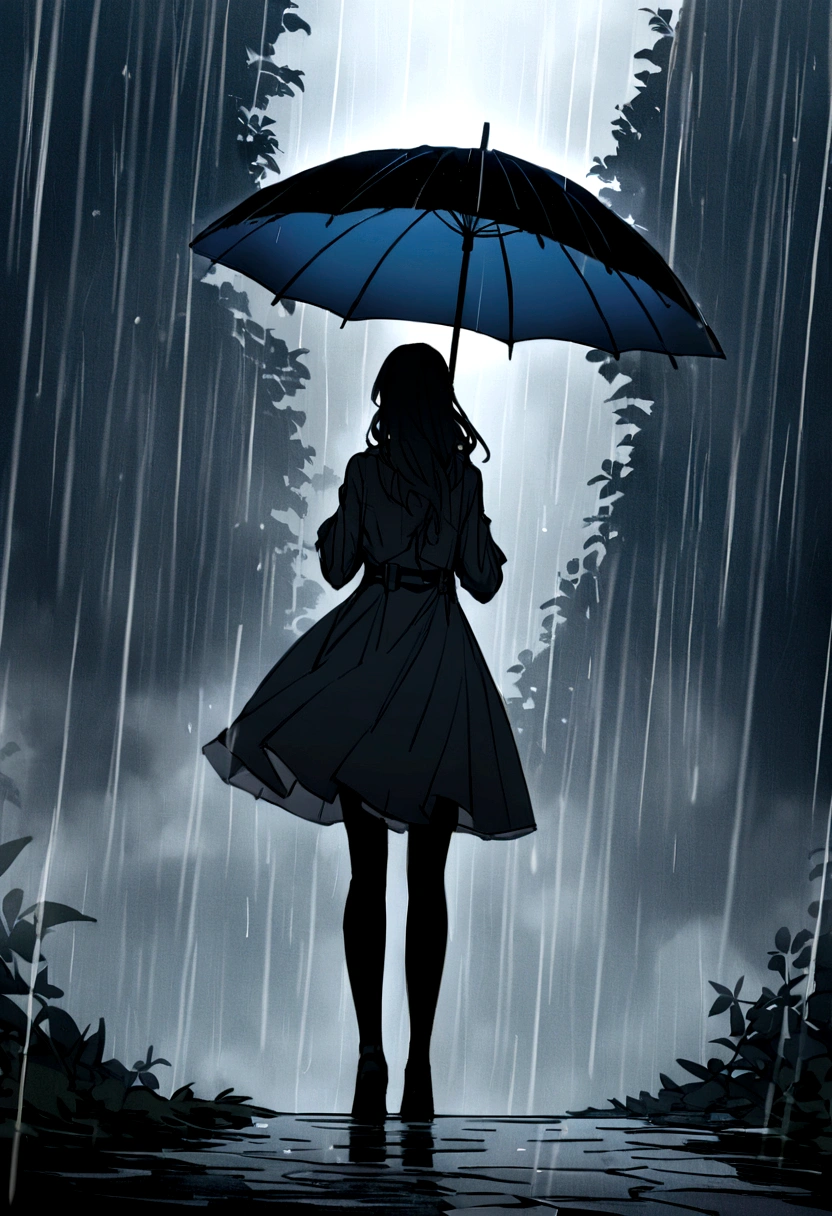 傘を手にした黒いレインコートを着た若くてきれいなwoman, n einer It was foggyen Stadt, A built from Kno Wieber, Pixabay contest winners, Concept Art, Standing in the rain, Black silhouette, 謎のwoman, pretty girl, Standing in the rainいるのは, Person with umbrella, woman ((Backlight from the fog)), ((It was foggy)) And the rain, 影の中のwoman像, In a rainy environment, rain, A rainy road in the background , ((Glittering Mist)) ((Rear view)), Light from the front, ((High Key))