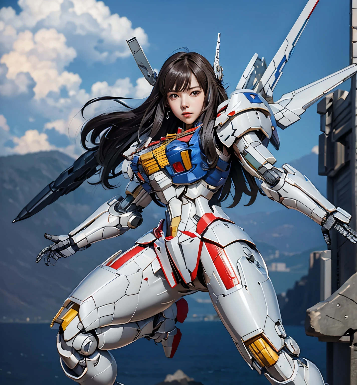 Textured skin, Super Detail, Attention to detail, high quality,high quality, High resolution, 1080p, hard disk, beautiful,(Gundam Aerial),Beautiful cyborg woman,Mecha Cyborg Girl,battle mode,Girl with a mechanical body,She wears a futuristic Gundam mecha,Full Body Shot