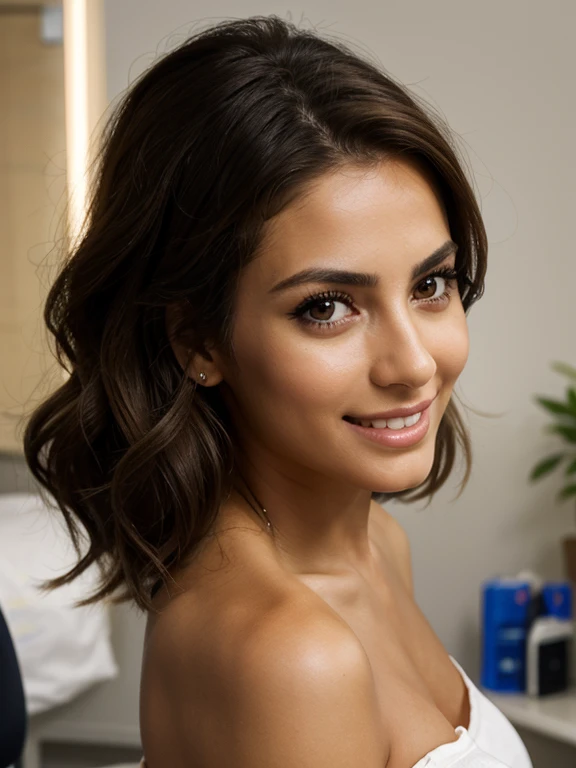 woman 27 years old, bruenette, in the hospital, at work, busy, realistic appearance, sporty, 175cm tall, light tanned skin, realistic skin, Italian, summer, dark brown eyes, big eyes, Beautiful eyelashes, natural makeup, smile, charmant, anatomically correct, super detail, high details, high quality, highres, accurate, retina