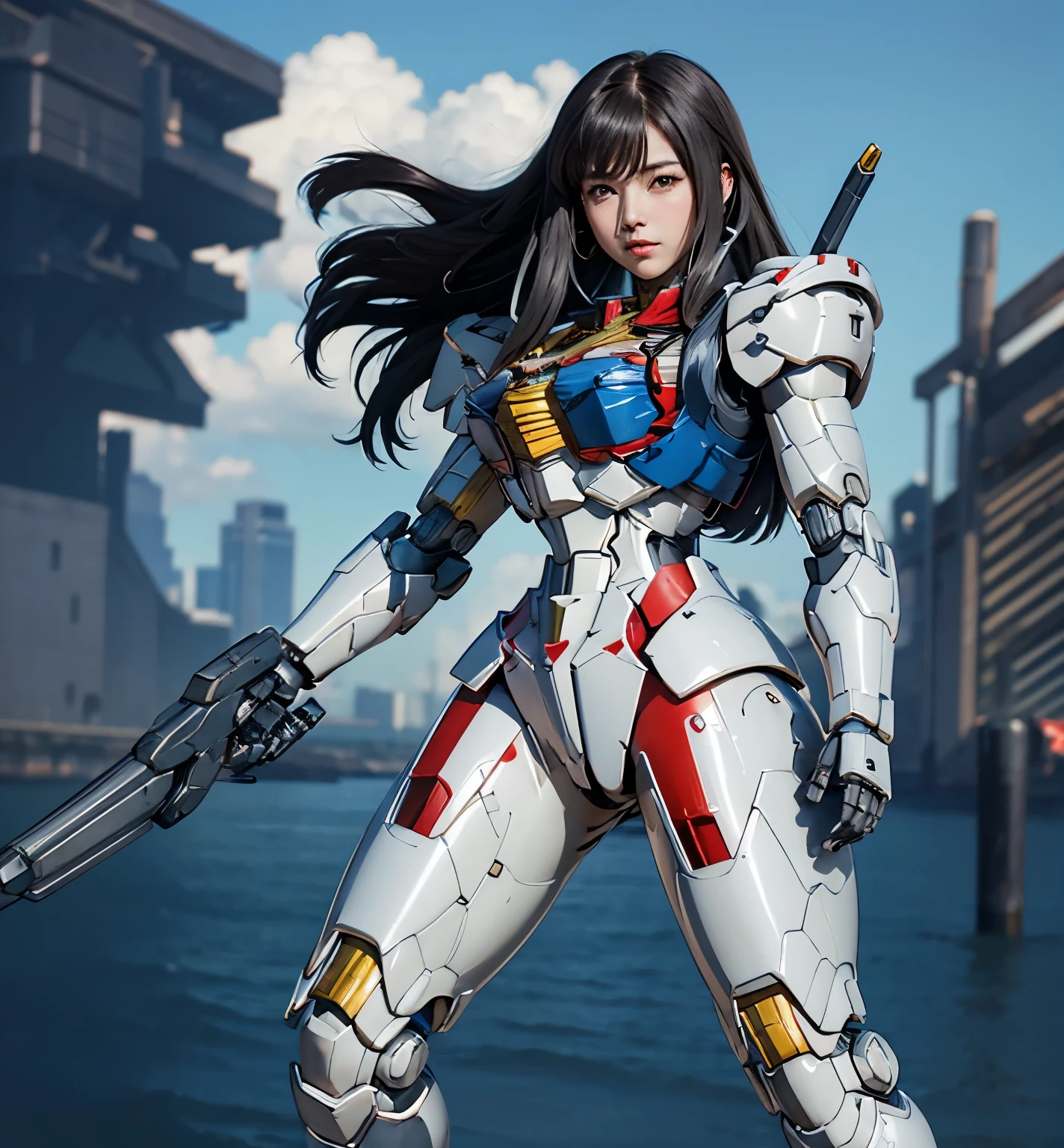 Textured skin, Super Detail, Attention to detail, high quality,high quality, High resolution, 1080p, hard disk, beautiful,(Gundam Aerial),Beautiful cyborg woman,Mecha Cyborg Girl,battle mode,Girl with a mechanical body,She wears a futuristic Gundam mecha,Full Body Shot