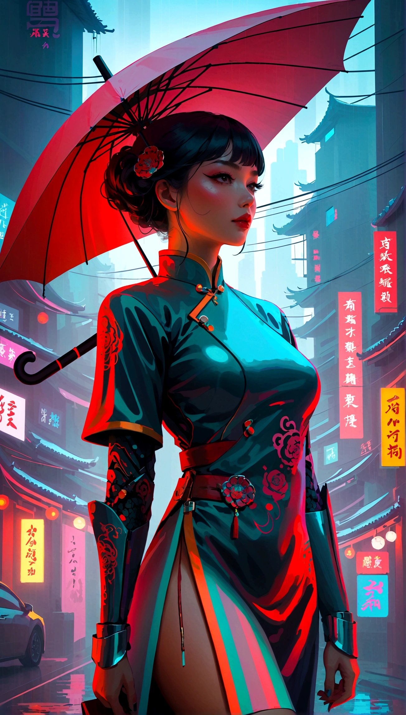 (best quality), (very good), (masterpiece), illustration, A girl,, (Holding an umbrella)，（Cyberpunk，Cheongsam, a traditional Chinese costume，Cybernetic implants），Hair accessories, Vibrant colors，Dynamic Lighting，Neon，Glowing city skyline，Holographic projection，Fashionable clothes and shoes of the future，Combination of traditional and modern elements，Avant-garde makeup，twin drills，Confidence and determination，city environment，Heavy rain，Metallic，Mechanical Armor, Gorgeous accessories，high-tech products，Impressive cybernetic enhancements，Be focused，detail, Overclocking, Rim Light, Fine light, masterpiece, 超级detail, Epic Works, Ultra HD, high quality, 32k