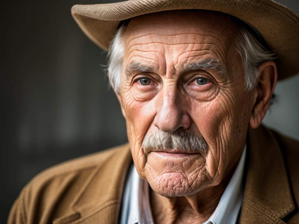 portrait of an 80 year old man full length, wrinkled, weathered, with piercing eyes, detailed face, high details, photography, dark studio, rim light, Nikon D850, 50mm, f/1.4
