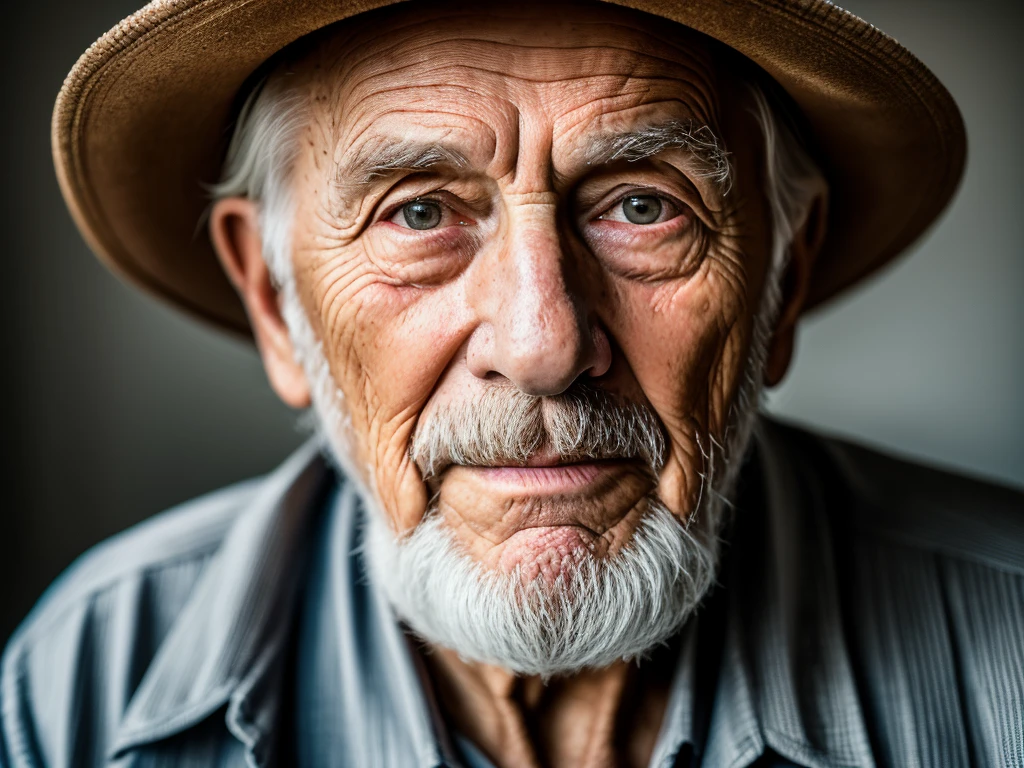 portrait of an 80 year old man full length, wrinkled, weathered, with piercing eyes, detailed face, high details, photography, dark studio, rim light, Nikon D850, 50mm, f/1.4