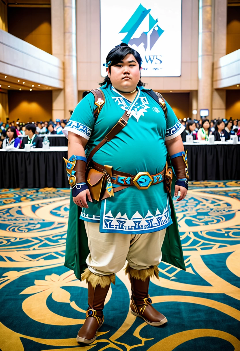 a 20 year old Asian American male, obese, standing in convention hall, wearing botw Link Cosplay, black hair, asian skin, full body shot