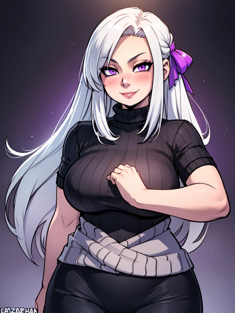 high_aesthetic,art by Lazorchef, ((Masterpiece, best quality, perfect lighting, amazing shading)), perfect anatomy, field of depth, extremely beautiful, long silver hair, hair ribbons, purple eyes, turtleneck sweater, black tights, cute smile, (curvy), blushing, (cowboy shot), (elegant pose), simple background