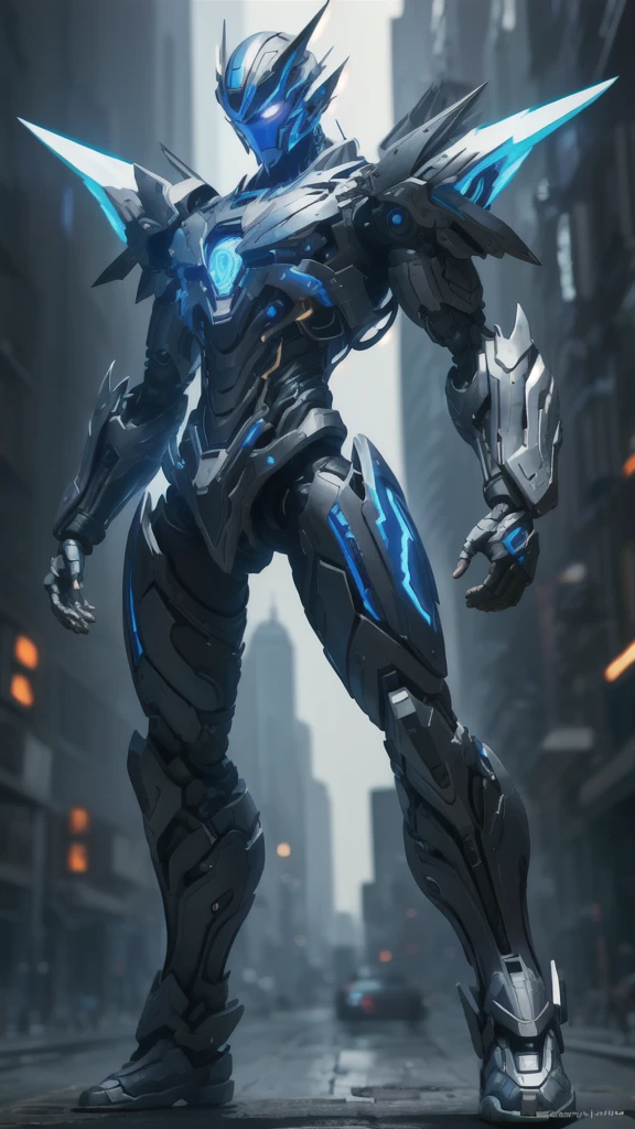 real、Lightning aura、Lightning Energy、Fighting Pose、Blue Hair、cyber punk、The background is a mechanical city、whole body、Lightning costume、Fighting face、High quality, Ultra detailed, best quality, insanely detailed, beautiful, masterpiece,steampunk