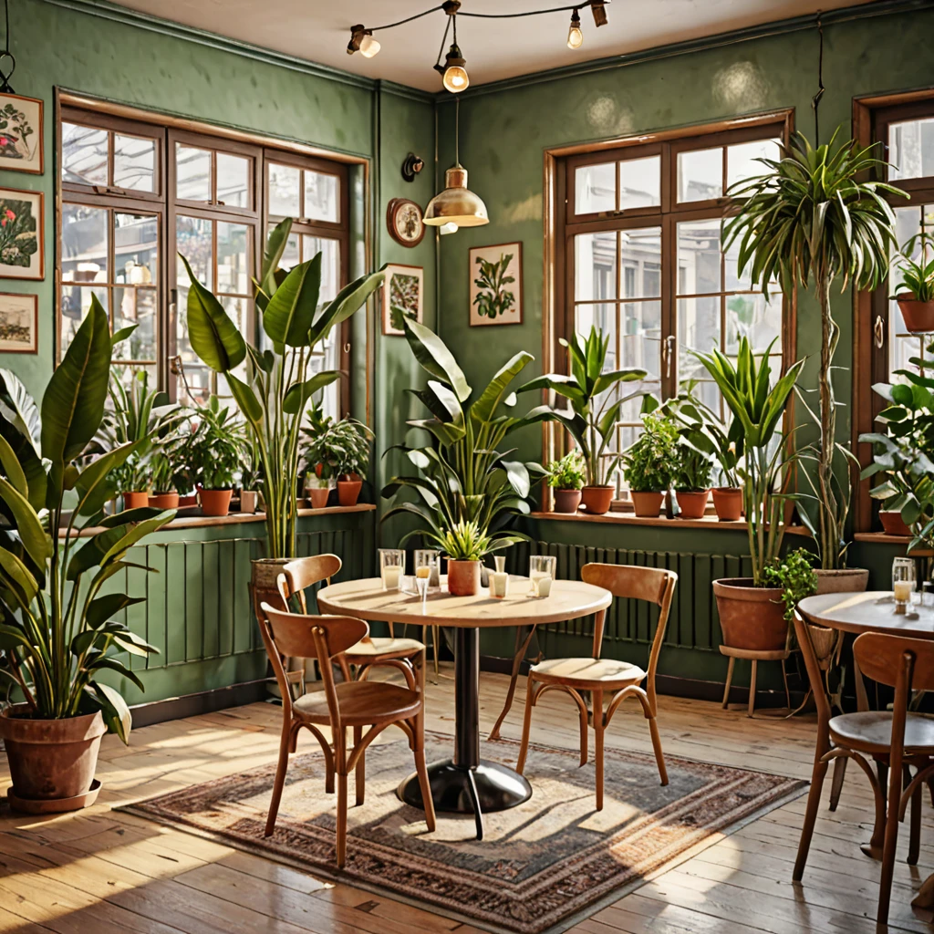 photography,(masterpiece, top quality, best quality),(ultra-detailed, absolutely resolution),((16k, high res)). (retro café and house plants, interior))