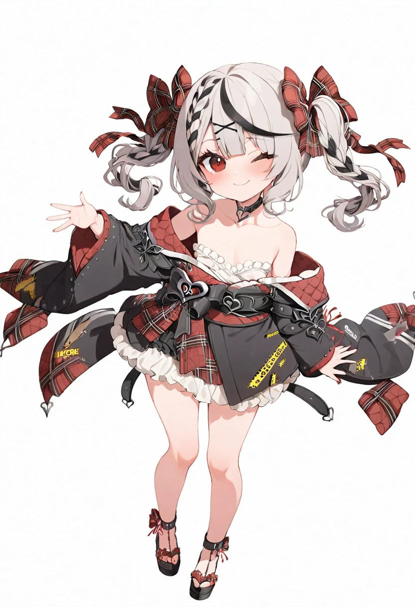 (masterpiece), (best quality), perfect face, beautiful girl, white background background, delicate and beautiful face and eyes, dark intense shadow,
1 girl, vtuber style, cool girl, hololive, , Sakamata Chloe, kimono, small chest, clavicle, winking, smile, (full body), looking at viewer, standing,