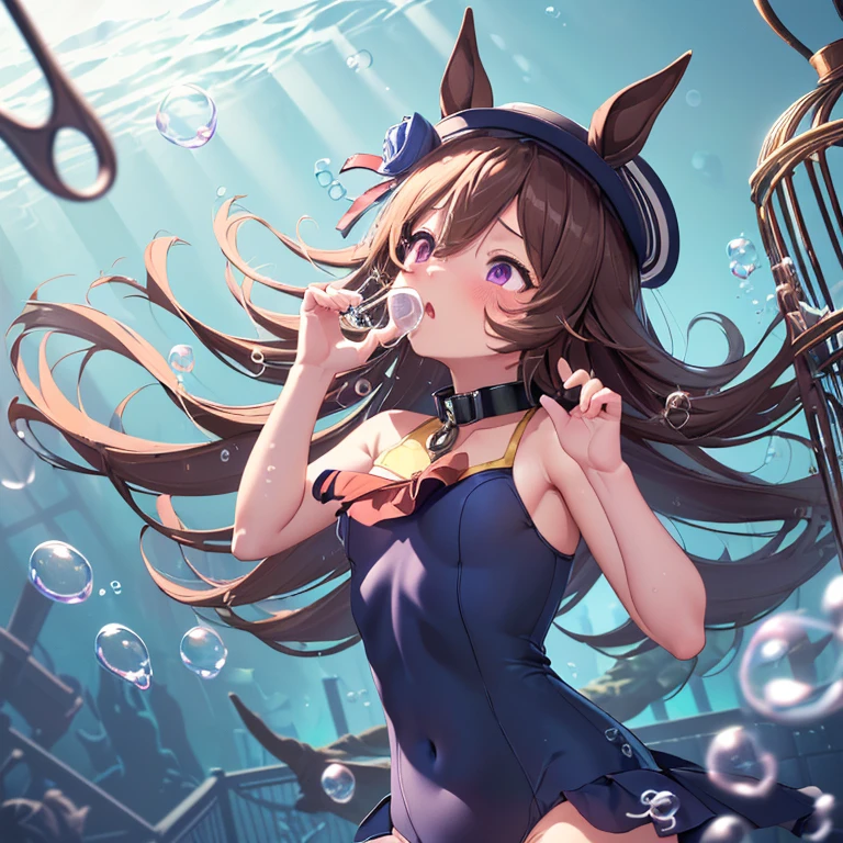 ((masterpiece)), ((best quality)), ((highres)), ((detailed background)), ((extremely detailed CG unity 8k wallpaper)), ((anatomically correct)),

(navy blue school swimsuit),
r1cesh0wer, fur collar, horse tail, horse girl, purple eyes, hair over one eye, brown thighhighs, hat flower, flaming eye,

(looking up:1.5),(floating:1.3),
hands up,
bends both knees,
opens her legs from side to side,

(drowned:1.5),
(blush:1.3),
(half-open eyes in lost consciousness:1.3),
(open her mouth in lost consciousness:1.3),

(underwater:1.5),
(inside a cage:1.5),
(The ceiling is window with iron grille:1.3),

(blowing in the wind:1.5), 
(A lot of small bubbles:1.5), 
(small bubbles around the body:1.5),

full body,

(Dutch Angle:1.3),
(depth of fields:1.3), 
(god rays:1.5)