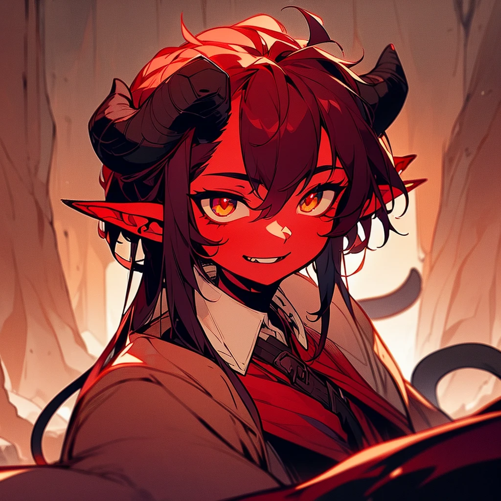 one young 14 year old tiefling boy, detailed face, detailed clothing, red skin, long black hair, small horns, cat-like eyes, pointed tail, pointed ears, fantasy, digital art, cinematic lighting, highly detailed, 8k, photorealistic, award winning, intricate, masterpiece, evil smile