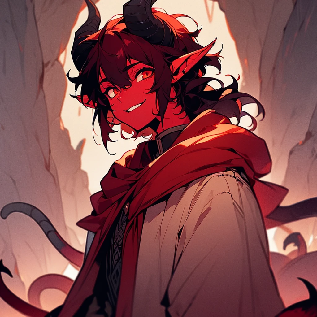 one young 14 year old tiefling boy, detailed face, detailed clothing, red skin, long black hair, small horns, cat-like eyes, pointed tail, pointed ears, fantasy, digital art, cinematic lighting, highly detailed, 8k, photorealistic, award winning, intricate, masterpiece, evil smile