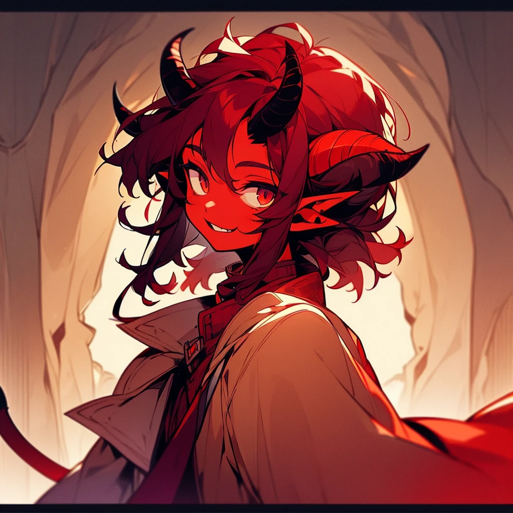 one young 14 year old tiefling boy, detailed face, detailed clothing, red skin, long black hair, small horns, cat-like eyes, pointed tail, pointed ears, fantasy, digital art, cinematic lighting, highly detailed, 8k, photorealistic, award winning, intricate, masterpiece, evil smile