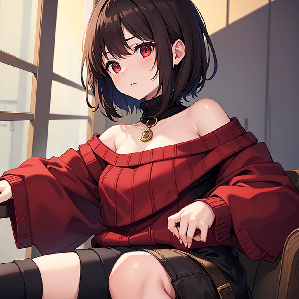 (masterpiece, best quality), charaSF, 1girl, solo, short hair, brown hair, red eyes, collar, black jacket, off shoulder, fur trim, red sweater, ribbed sweater, turtleneck, shoulder cutout, long sleeves, black shorts, blush, portrait