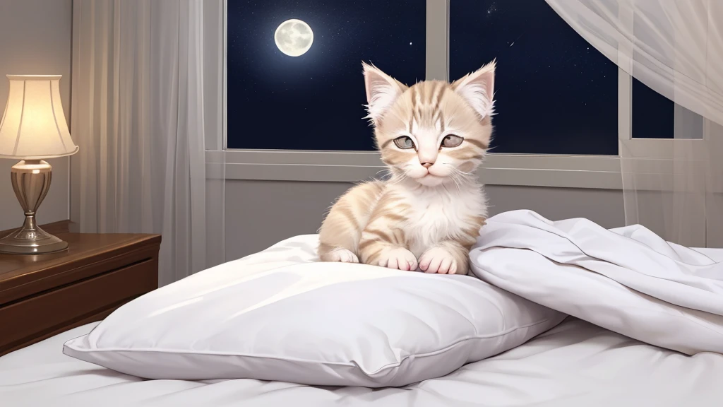 High quality, high resolution illustration of a single kitten sleeping on a bed at midnight. The kitten looks peaceful and content, with soft fur and a cozy atmosphere. The room is dimly lit, with a hint of moonlight filtering through the window, casting a gentle glow on the bed. The bed has comfortable, fluffy pillows and a warm blanket. No humans.
