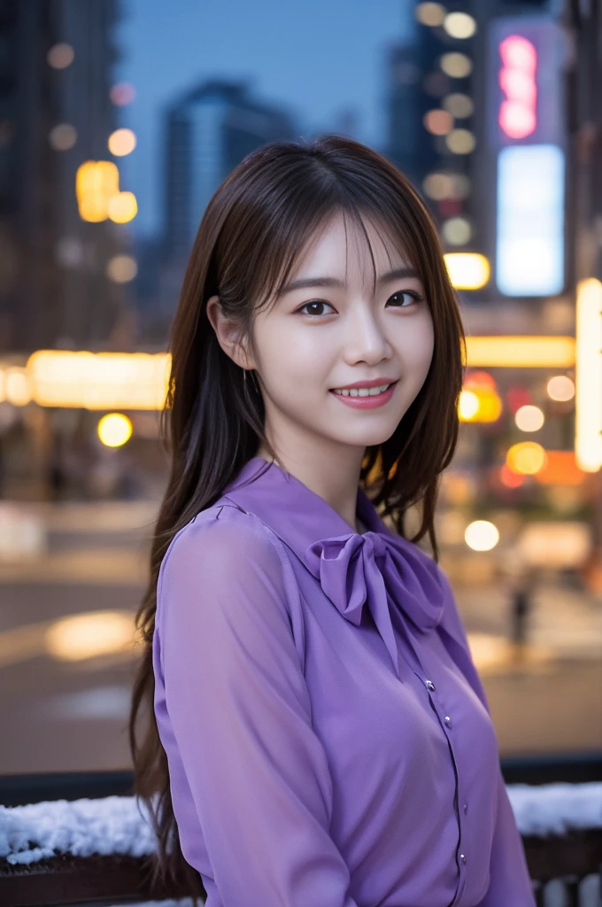 1 Girl, (Wearing a purple blouse:1.2), Beautiful Japanese actresses,
(RAW Photos, Highest quality), (Realistic, Photorealistic:1.4), masterpiece,
Very delicate and beautiful, Very detailed, 2k wallpaper, wonderful,
finely, Very detailed CG Unity 8K 壁紙, Very detailedな, High resolution,
Soft Light, Beautiful detailed girl, Very detailed目と顔, Beautiful and detailed nose, Beautiful and detailed, Cinema Lighting,
break
(Snowy night cityscape as background 1.3), City lights,
Perfect Anatomy, Slender body, smile, Face the front completely, Looking at the camera