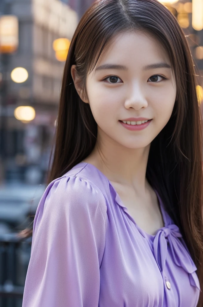 1 Girl, (Wearing a purple blouse:1.2), Beautiful Japanese actresses,
(RAW Photos, Highest quality), (Realistic, Photorealistic:1.4), masterpiece, 
Very delicate and beautiful, Very detailed, 2k wallpaper, wonderful, 
finely, Very detailed CG Unity 8K 壁紙, Very detailedな, High resolution, 
Soft Light, Beautiful detailed girl, Very detailed目と顔, Beautiful and detailed nose, Beautiful and detailed, Cinema Lighting, 
break
(Snowy night cityscape as background 1.3), City lights, 
Perfect Anatomy, Slender body, smile, Face the front completely, Looking at the camera