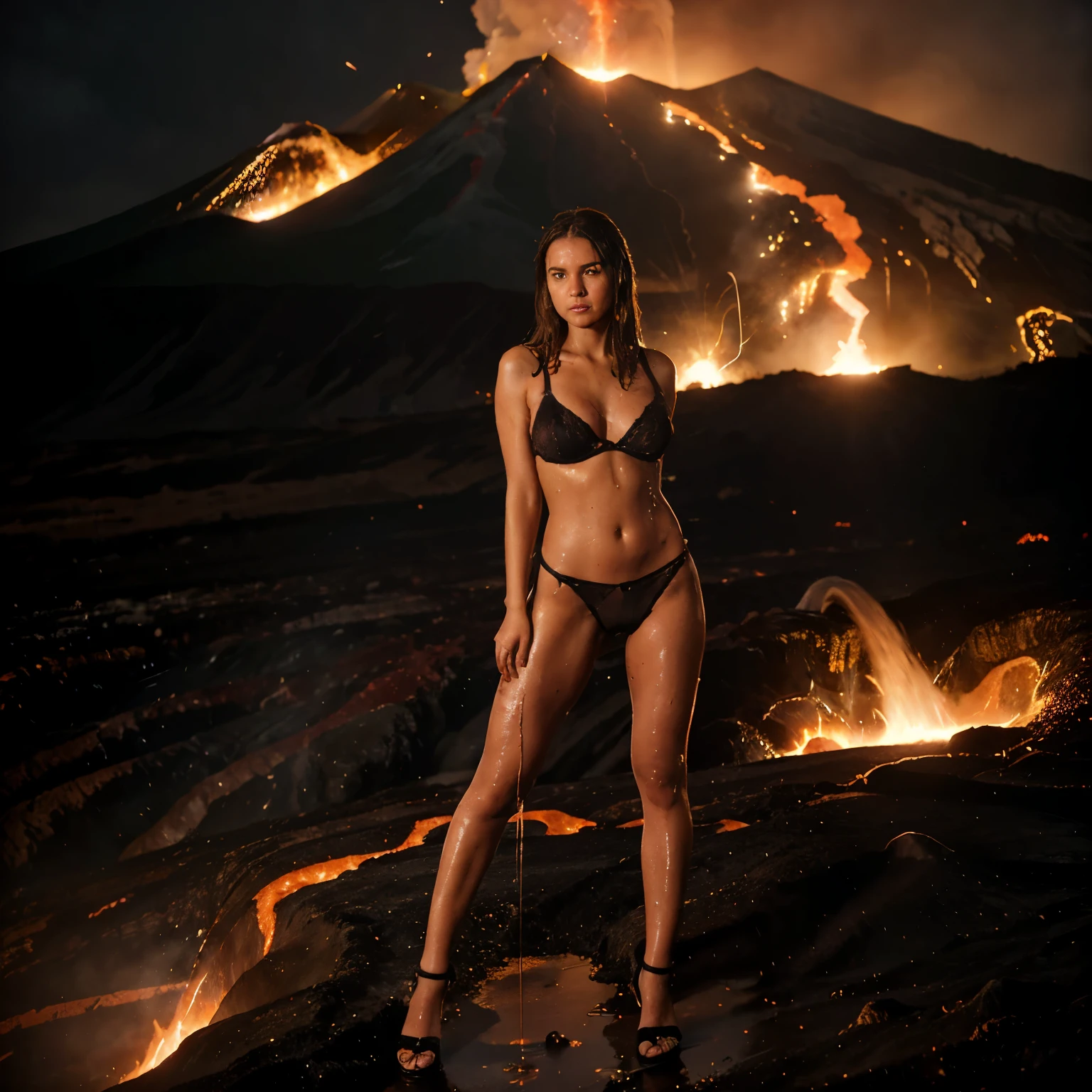 A young girl of normal build with wet brown hair and medium breasts is very sweaty and wet, drops of sweat on her body, dressed boudoir lingerie, standing on red-hot lava against the background of an erupting volcano, dark sky in smoke, flames from the ground, shoes are visible