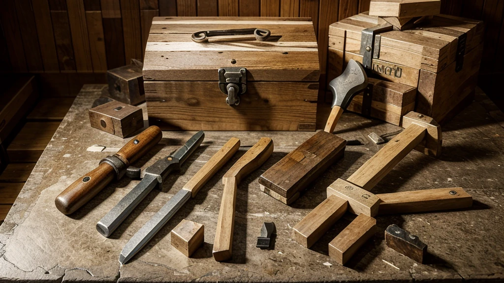 On a stone table were some carpentry tools scattered in an open wooden box. Seen outside the box is a wooden crab, saw,
a hammer and a pair of gloves .Describe this situation from a close distance, emphasizing the shapes , interlacing and space