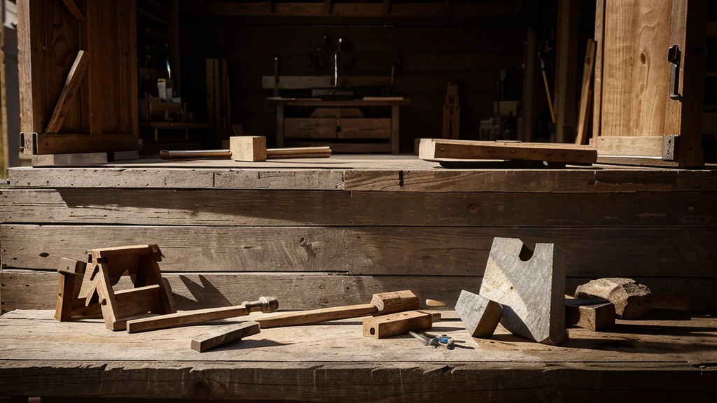 On a stone table were some carpentry tools tered in an open wooden box. Seen outside the box is a wooden crab, saw,
a hammer and a pair of gloves .Describe this situation from a close distance, emphasizing the shapes , interlacing and space