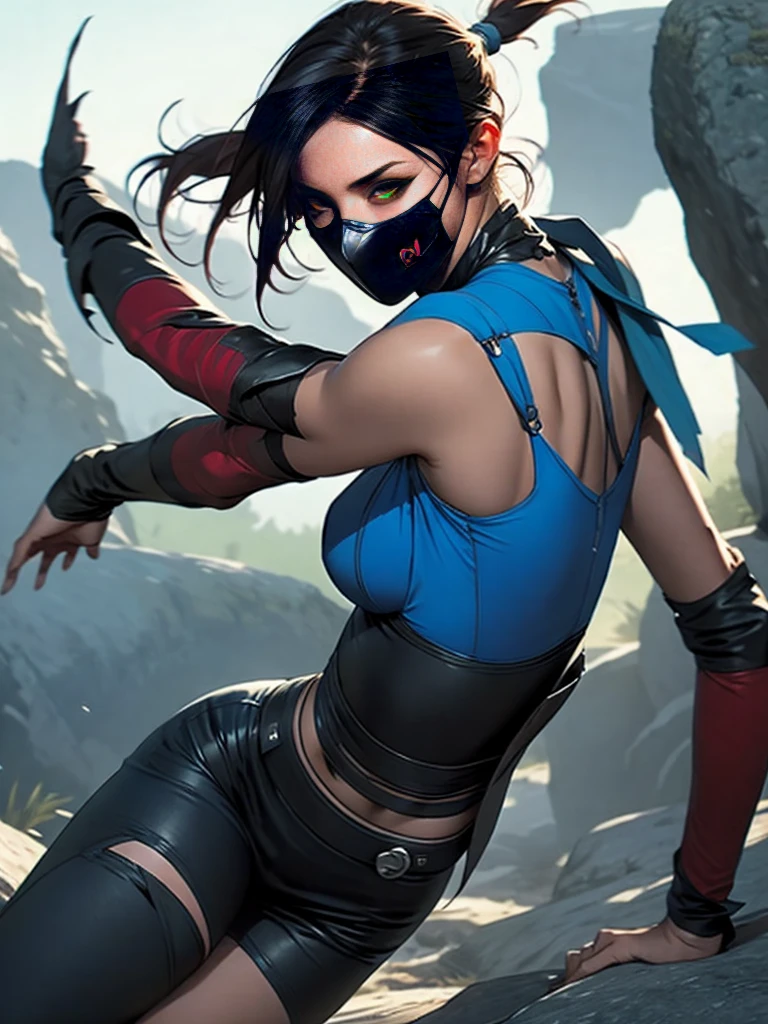 A high-quality, realistic image of Mortal Kombat character Kitana in a battle environment. She must be in a dynamic fighting pose, with her steel fans open and ready to attack. Kitana should be wearing her classic blue and black costume with a mouth mask, with intricate details and realistic textures on the fabric and armor. Her black hair must be loose, flying with movement, and her gaze determined and intense. The background should be a combat arena setting, with detailed elements such as rocks, smoke and dramatic lighting, highlighting the tension of the moment."