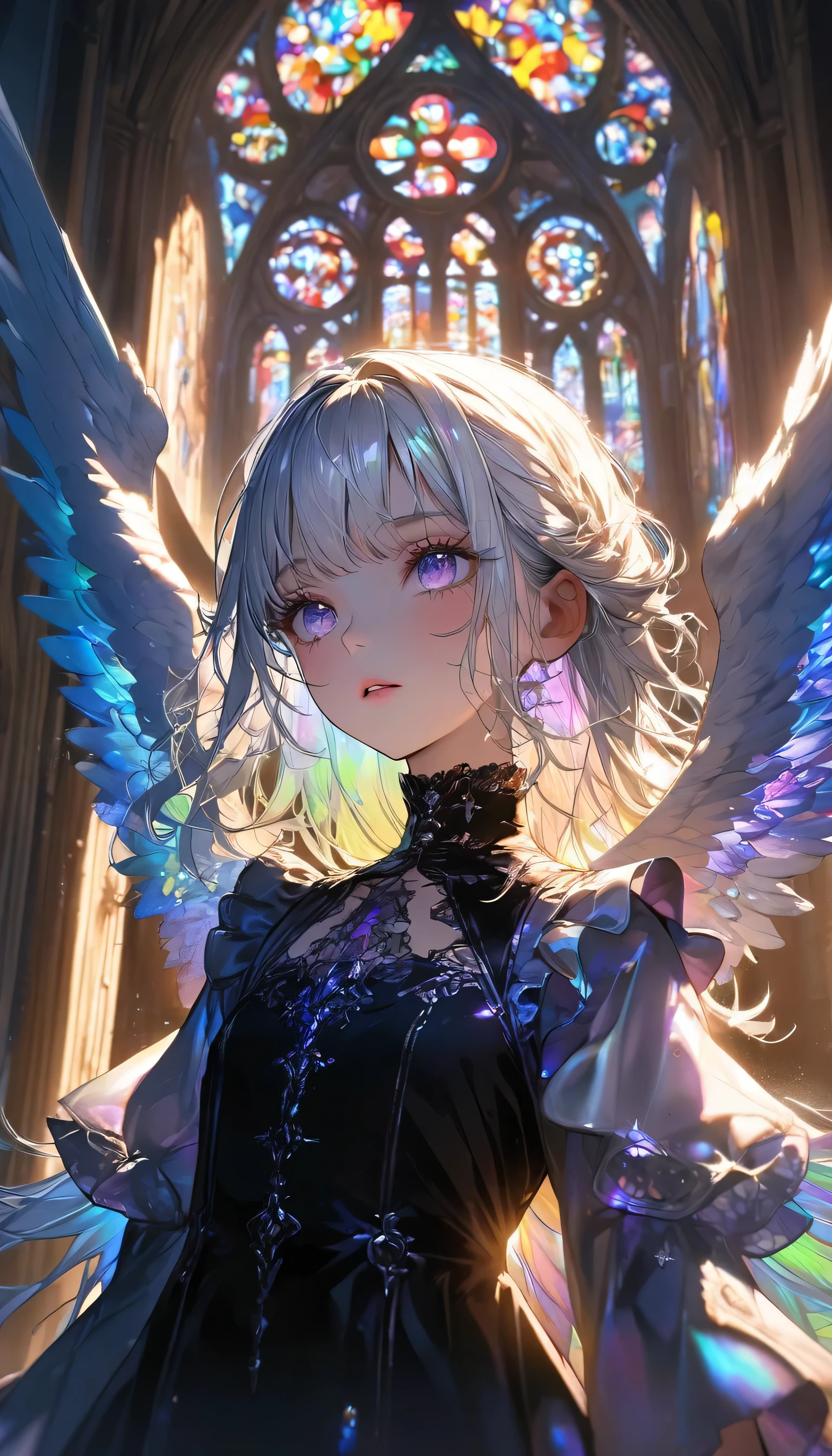 (absurdres:1.5), (highres), (best quality:1.1), (ultra-detailed:1.1), (an extremely delicate and beautiful), 1 girl, beautiful face, (detailed face), best quality, angel、White hair, iridescent inner hair color, flat chest, gothic dress, angel wings on her back, high resolution,high quality background, depth of field, cathedral with stained glass, colorful glass, high ceiling, (cinematic light:1.2), golden hour light, light sparkles, sunbeam,